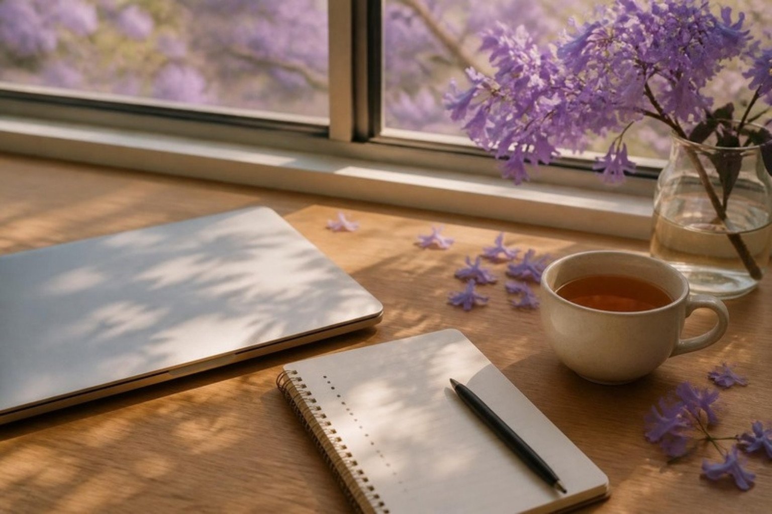 Un escritorio ordenado junto a una ventana, con un cuaderno y una taza de té