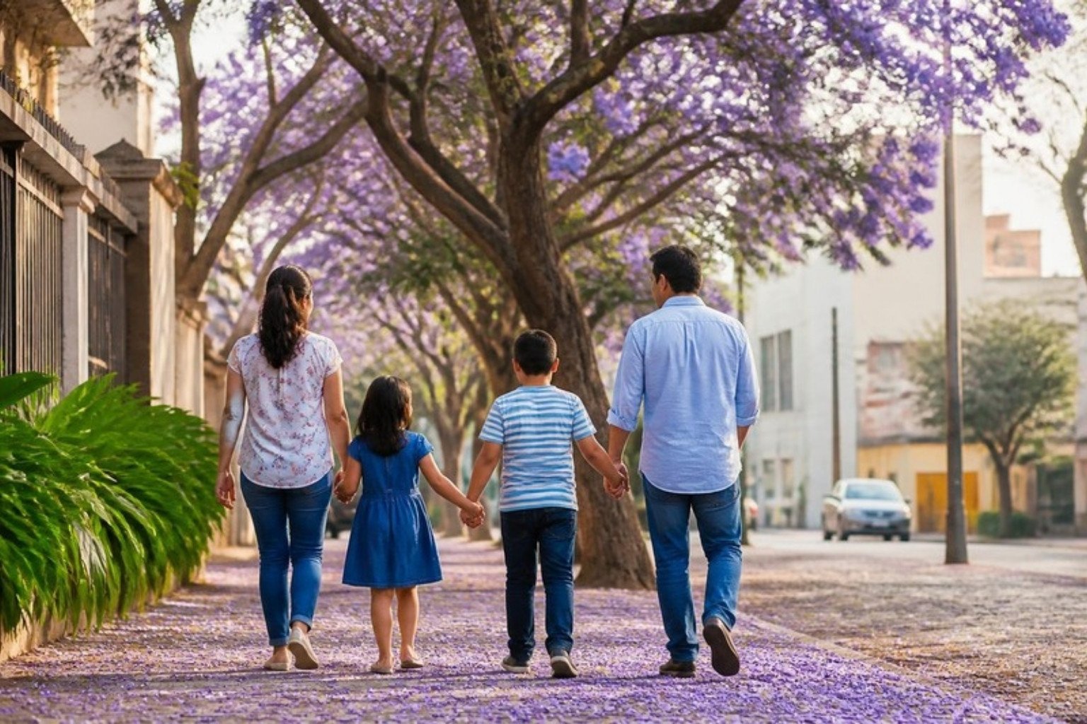 Una familia camina de la mano bajo jacarandás en flor