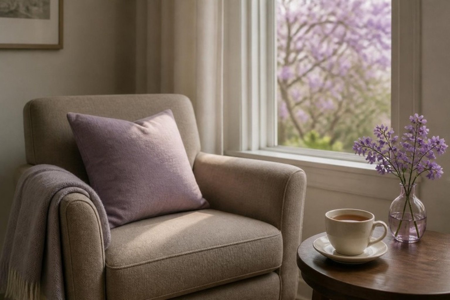 Un sillón junto a una ventana con luz suave
