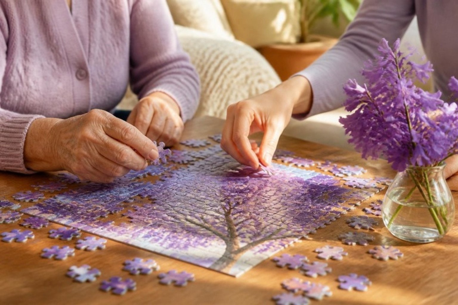 Dos generaciones arman un rompecabezas en una mesa iluminada