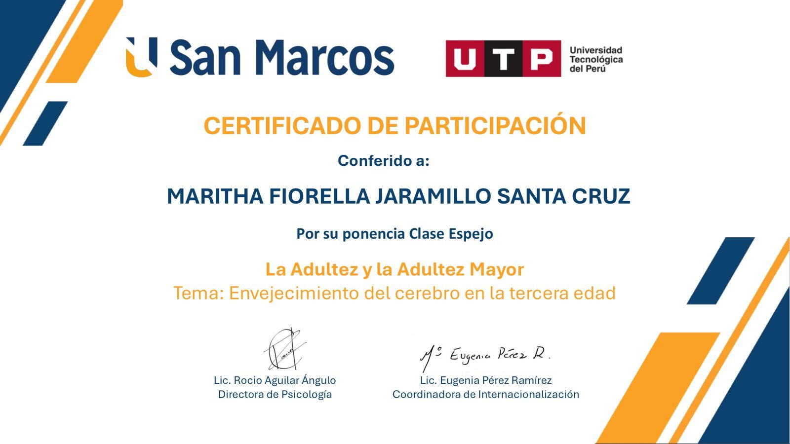 Certificado de participación otorgado por la Universidad San Marcos